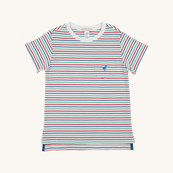 The Beaufort Bonnet Company - Carter Crewneck Simsbury Stripe with Wood Boat Blue Stork