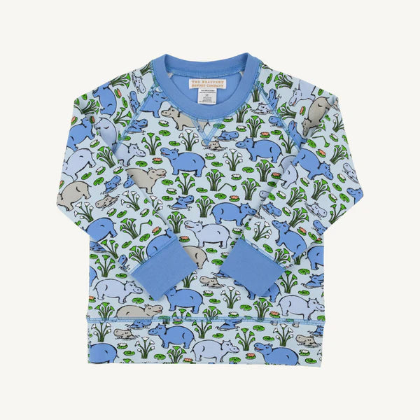 Bal Harbour Hippo Cassidy Comfy Crewneck by The Beaufort Bonnet Company in Bealest Blue with Sunrise Blvd Blue, cozy and stylish for kids.