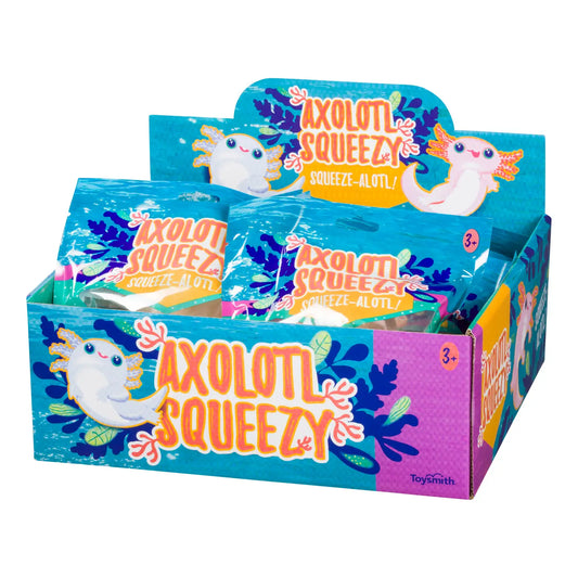 Toysmith Axolotl Squeeze Ball for stress relief and sensory play, featuring a colorful, soft, and flexible axolotl-shaped toy.