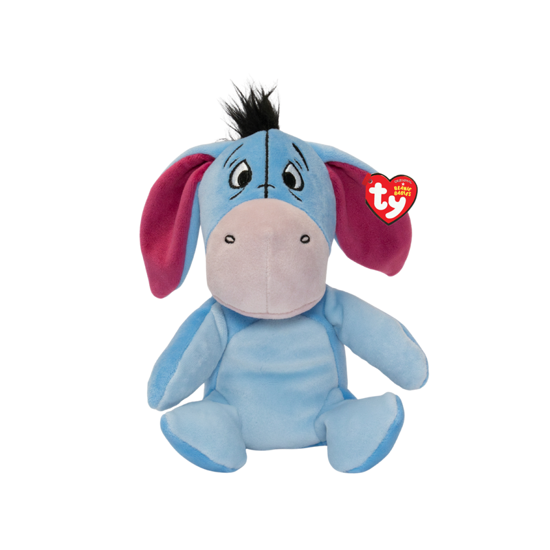 Cute Eeyore plush toy by Ty featuring soft gray fabric, embroidered facial features, and a relaxed, friendly expression.