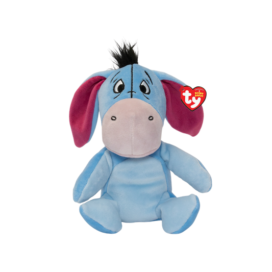 Cute Eeyore plush toy by Ty featuring soft gray fabric, embroidered facial features, and a relaxed, friendly expression.