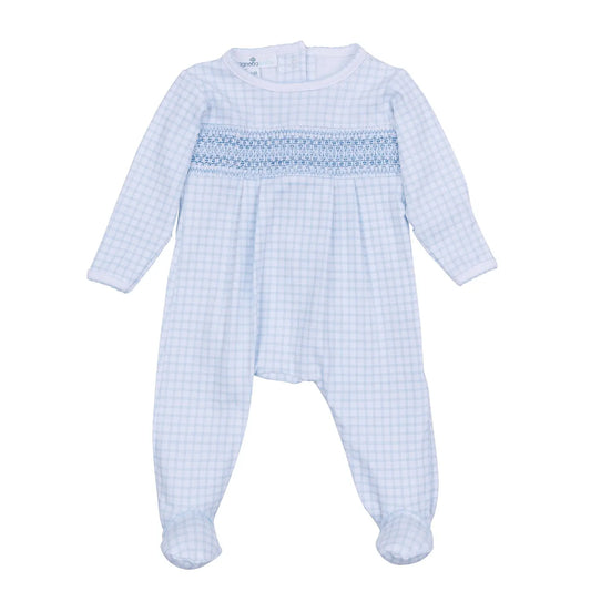 Light blue Peek-A-Boo Wishes smocked footie for baby by Magnolia Babyf, featuring delicate embroidery and soft fabric.