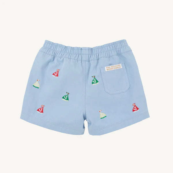 Back view of Beale Street Blue Critter Sheffield Shorts by The Beaufort Bonnet Company featuring sailboat patterns and critter design.