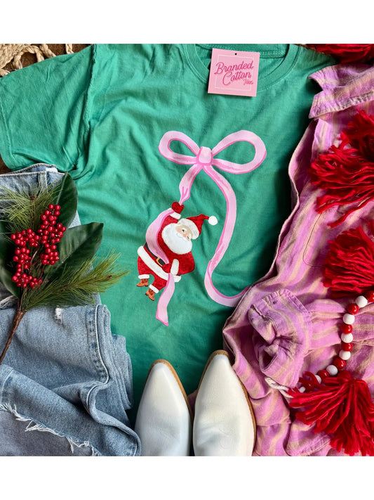 Santa Hanging by Bow Tee