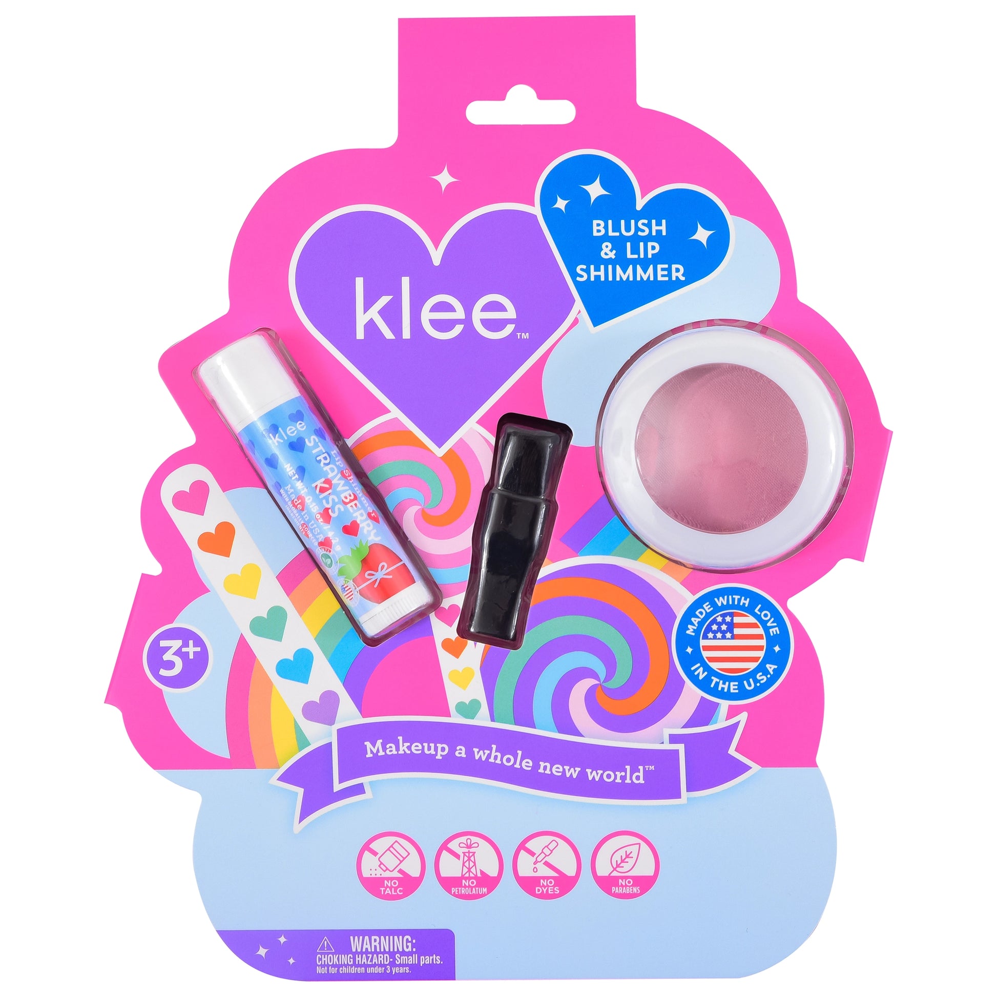 Klee Kids Sunshine Whisper blush and lip shimmer set with pink shades, featuring compact containers and applicators.