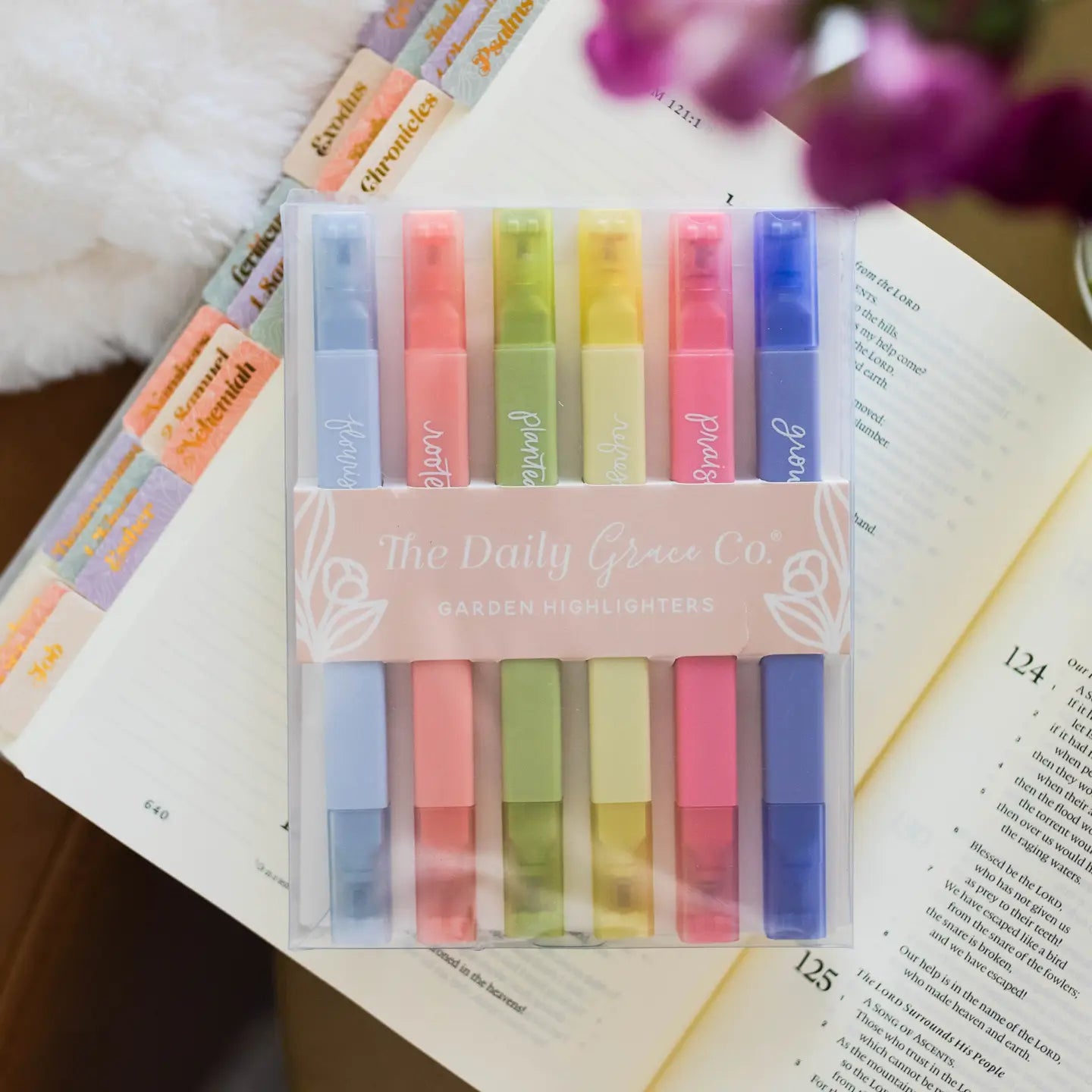 Garden Highlighter Set from The Daily Grace Co with vibrant highlighters and botanical-themed packaging on a white background.