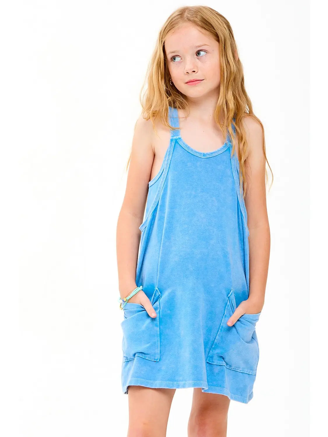 Denim blue mineral washed dress with built-in romper lining, stylish and casual by Good Girl, shown on a model.