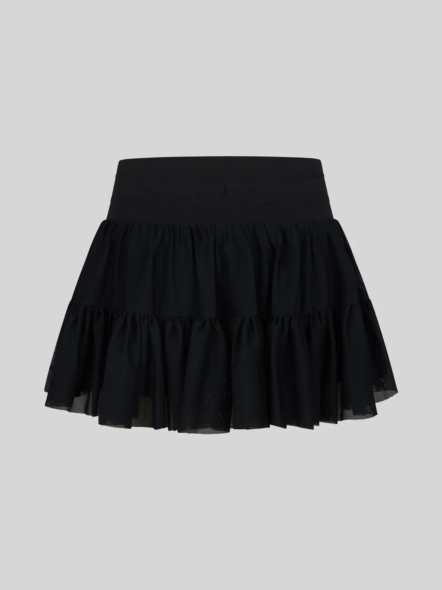 Black girls mesh double-tier ruffle skort with inner shorts from 90 Degree by Reflex, featuring layered fabric and comfortable fit.