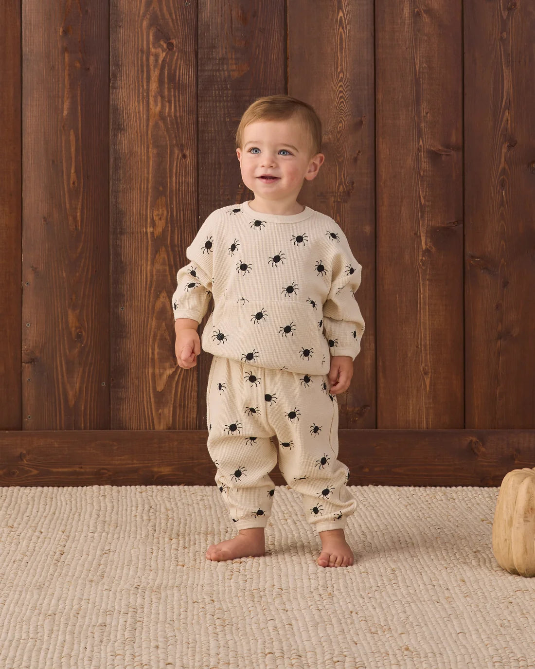 Quincy Mae Bitsy Spider Waffle Slouch Set in soft fabric, featuring a cozy waffle-knit design for baby or toddler comfort.