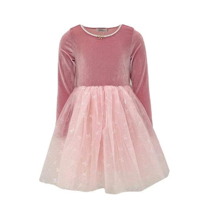 Ballerina Bow Velour Dress Pink