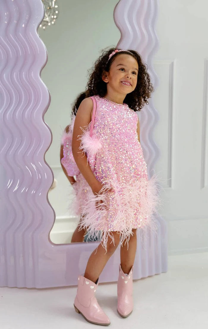 Sequin feather pretty dress by Lola and The Boys featuring shimmering sequins and feather details for a stylish look.