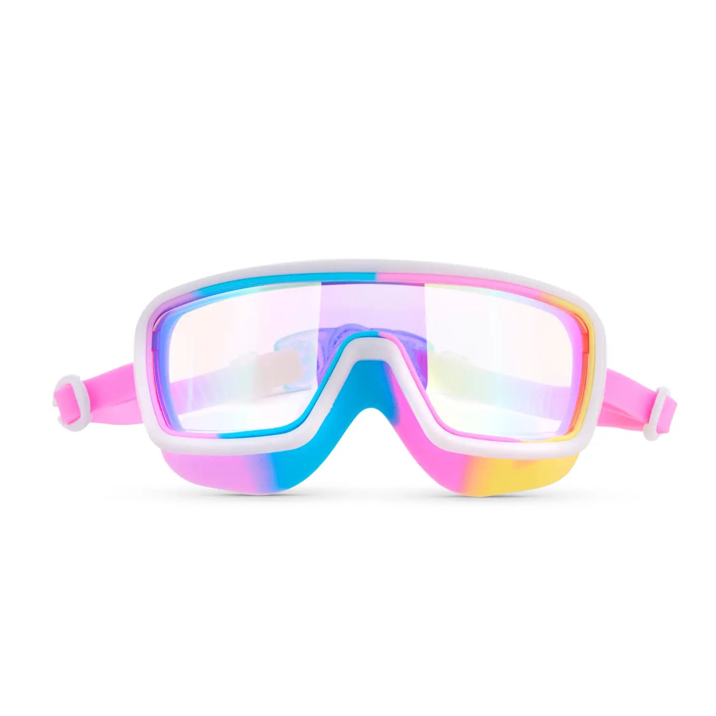 Girls Cyber Swim Goggles by Bling2o featuring a vibrant, futuristic design with colorful accents and adjustable straps.