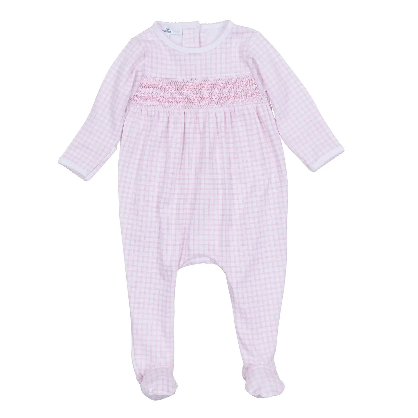 Magnolia Babyf Peek-A-Boo Wishes smocked footie in light pink with adorable embroidered details for infants.