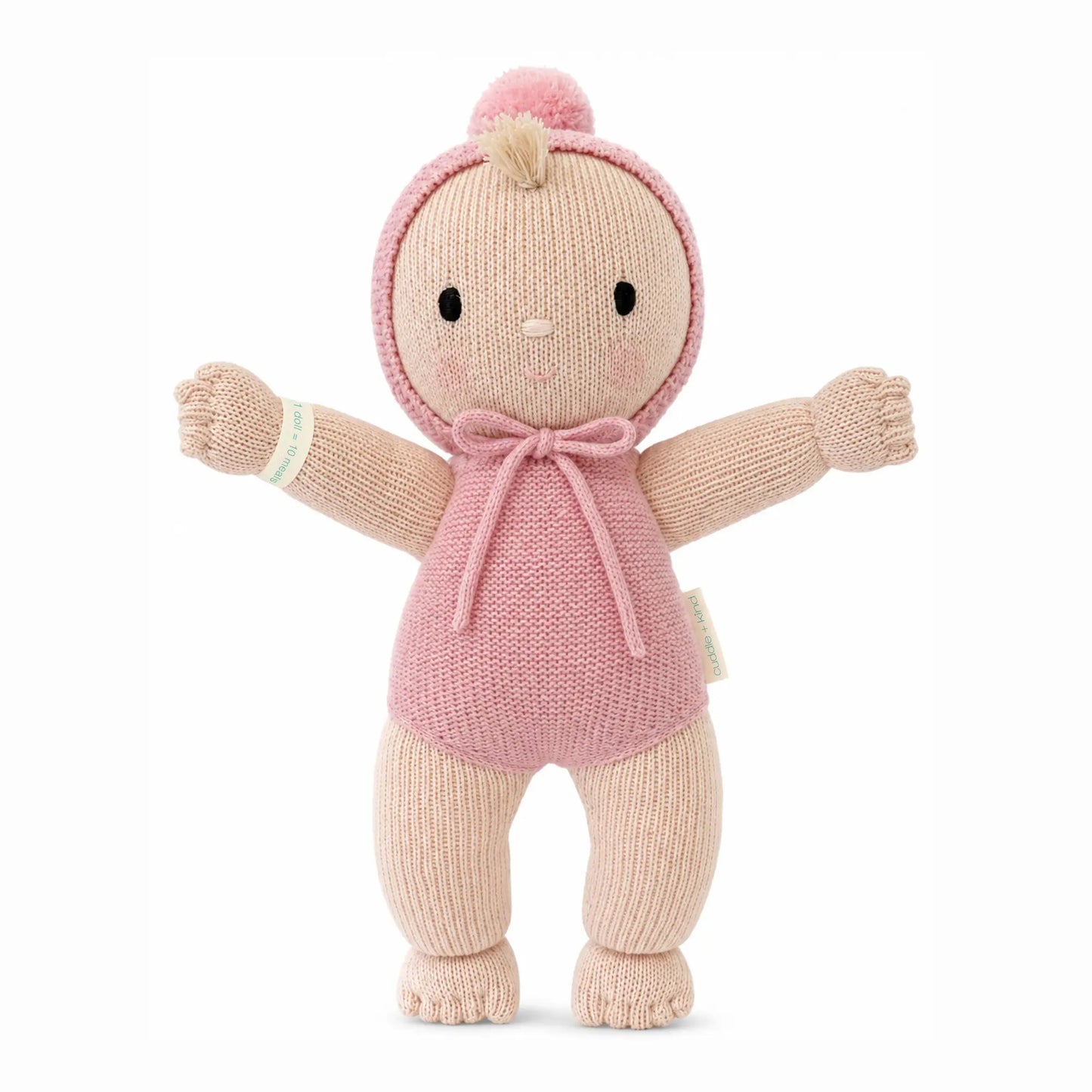 Soft pink plush toy from Cuddle + Kind's My First Baby Rose collection, featuring a gentle, cuddly design for infants.