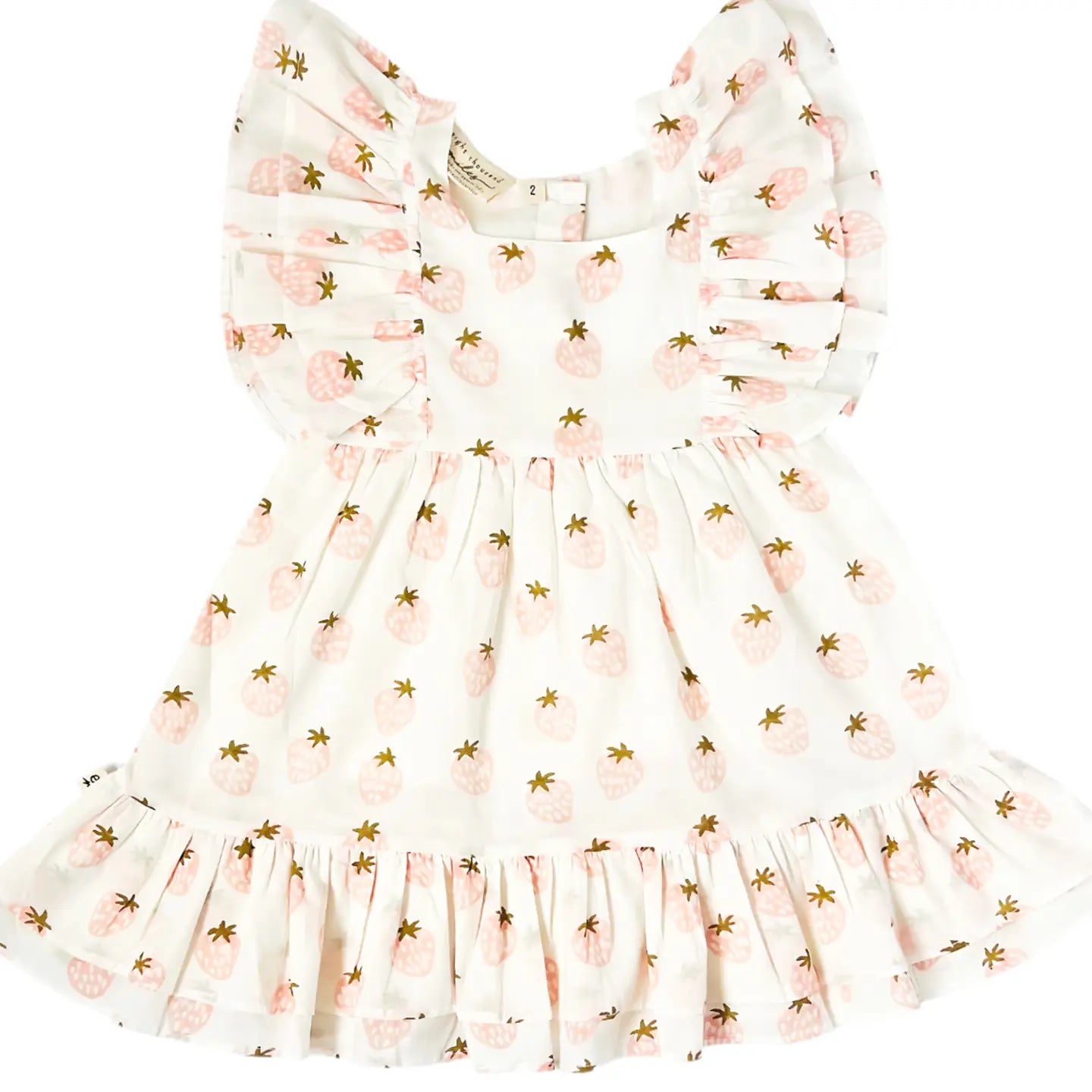 Strawberry frill sleeve dress by eight thousand miles featuring a playful red and pink pattern with ruffled sleeves and a flowy silhouette.