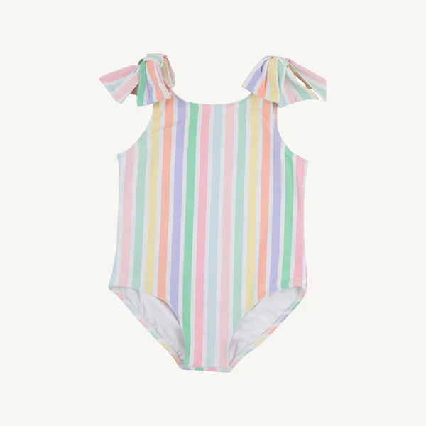 Southampton Stripe Edisto Beach bathing suit from The Beaufort Bonnet Company featuring navy and white stripes on a child's swimsuit.