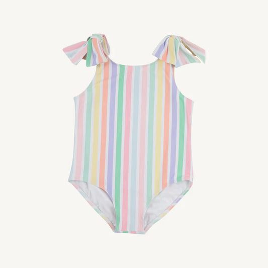 Southampton Stripe Edisto Beach Bathing Suit by The Beaufort Bonnet Company, featuring colorful striped pattern and classic swimwear design.