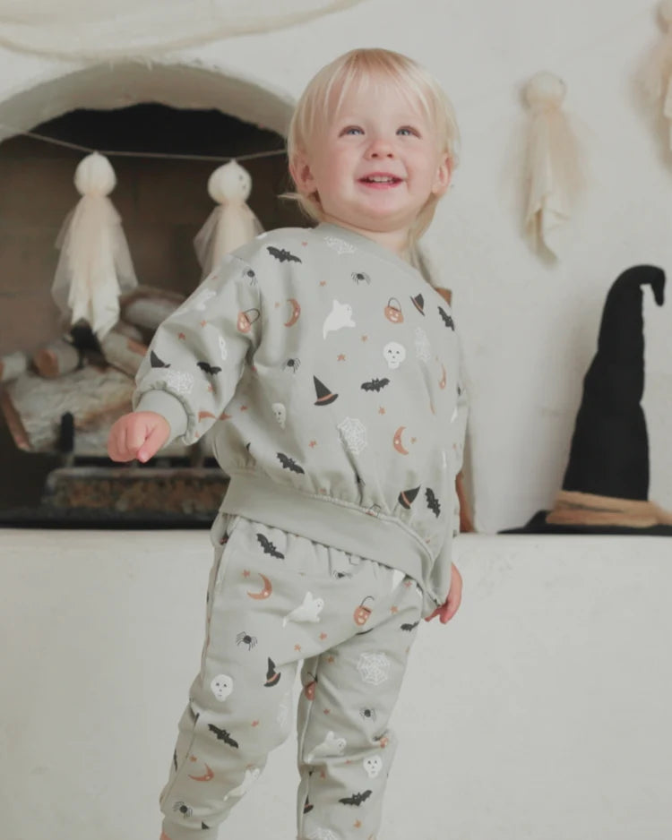 Quincy Mae Halloween Things relaxed fleece sweatshirt with festive Halloween design and soft cozy fabric, suitable for fall wear.