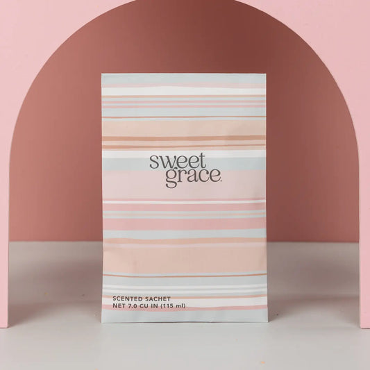 Sweet Grace modern stripe sachet from Bridgewater Candle Company with colorful striped fabric pattern and decorative design