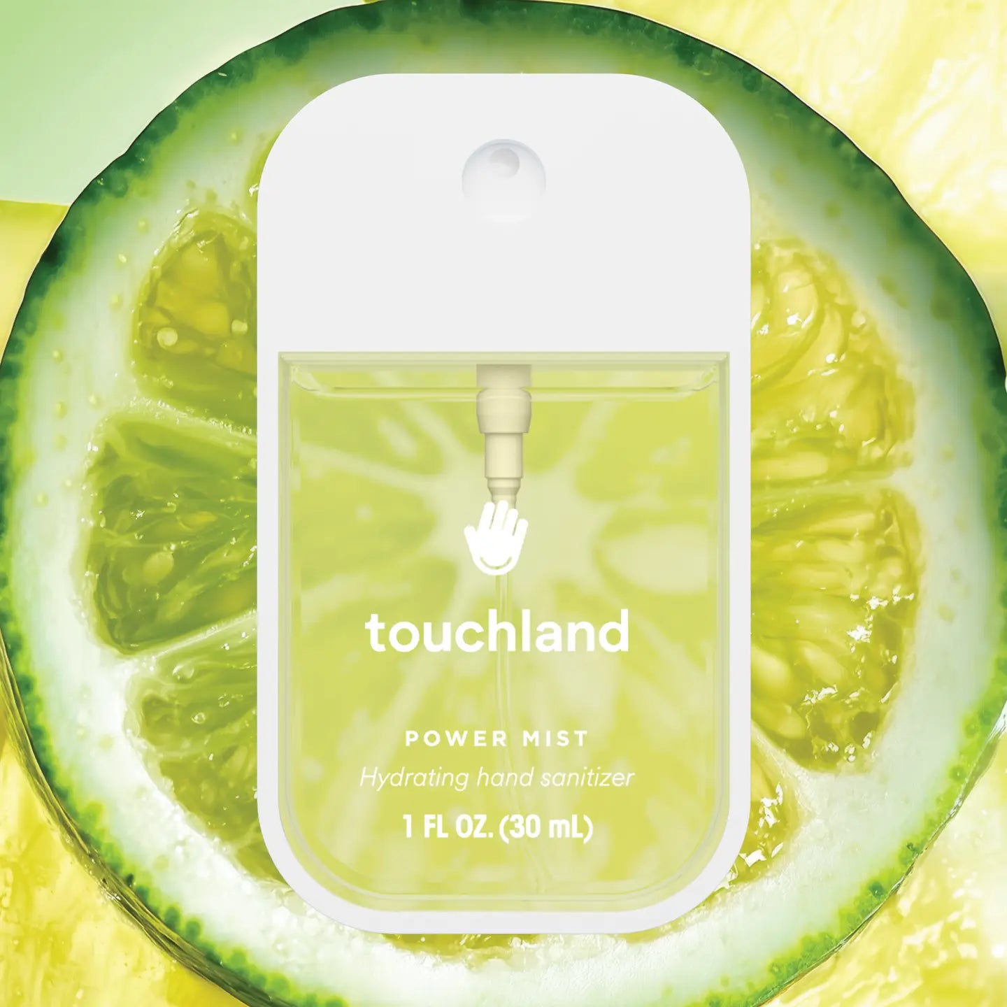 Touchland Powermists hand sanitizer spray bottle with sleek design and vibrant label, compact and portable for on-the-go use.