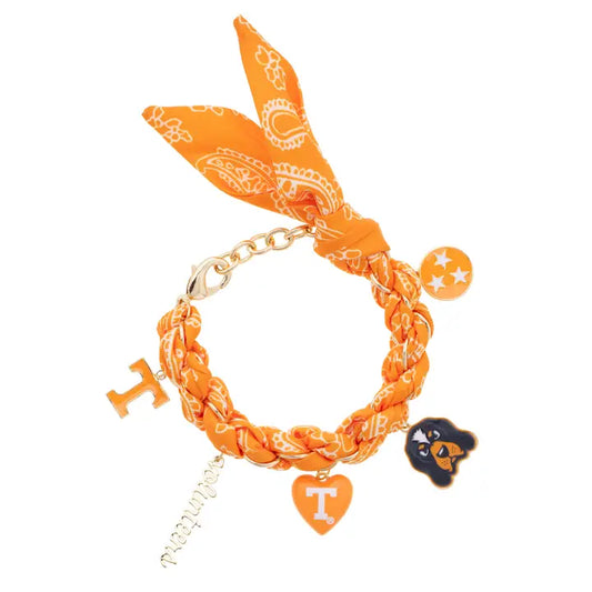 Tennessee Vols bandana charm bracelet by Canvas Style featuring orange and white fabric with Vols emblem and metal charms.