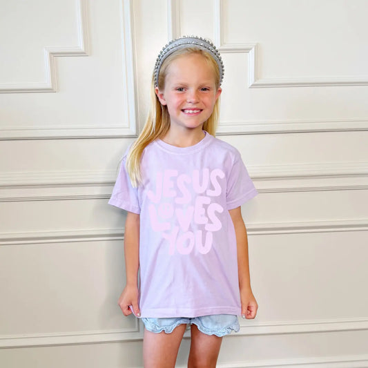 Purple Smiley Jesus Loves You Puff Youth Tee