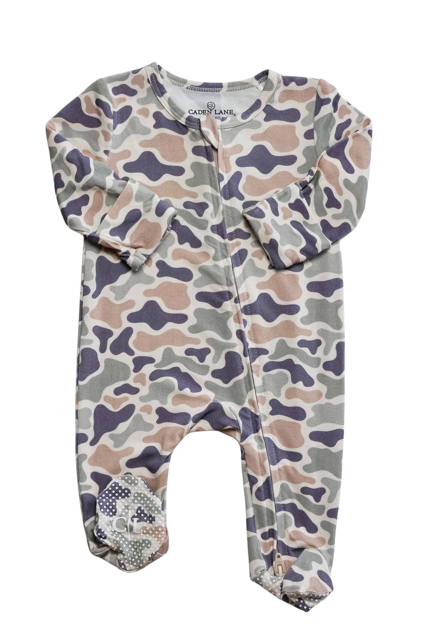 Caden Lane Camo Cutie bamboo zipper footie with camouflage pattern, soft fabric, and front zipper for easy dressing.