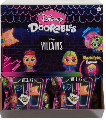 Disney Doorables Villains blacklight figures featuring iconic Disney villains, detailed collectible figures with vibrant blacklight effects.