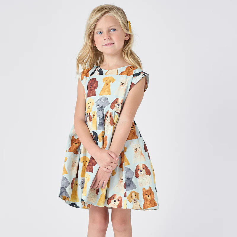 Pink Chicken - Girls Adaline Dress - Light Blue Watercolor Dogs