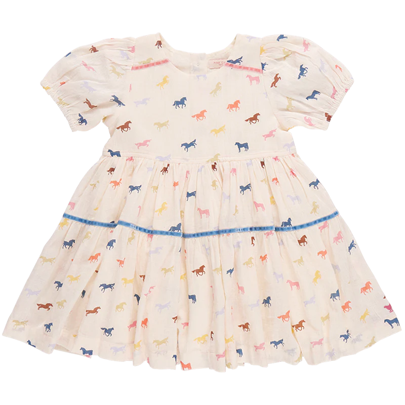 Pink Chicken - Girls Charlie Dress - Multi Tiny Horses