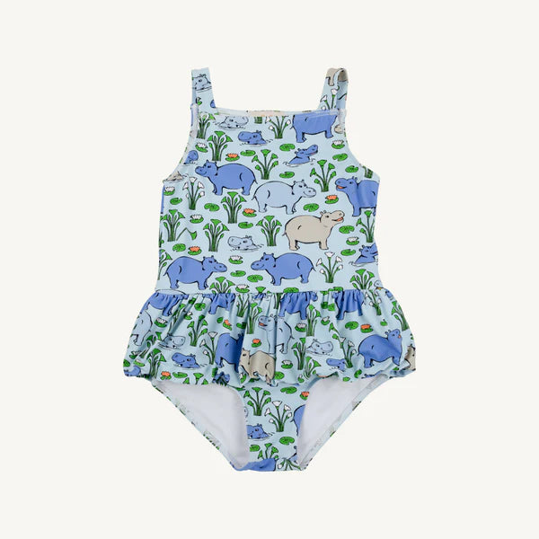 Grace Bay bathing suit featuring a Bal Harbour Hippo print in Beale Street Blue by The Beaufort Bonnet Company.