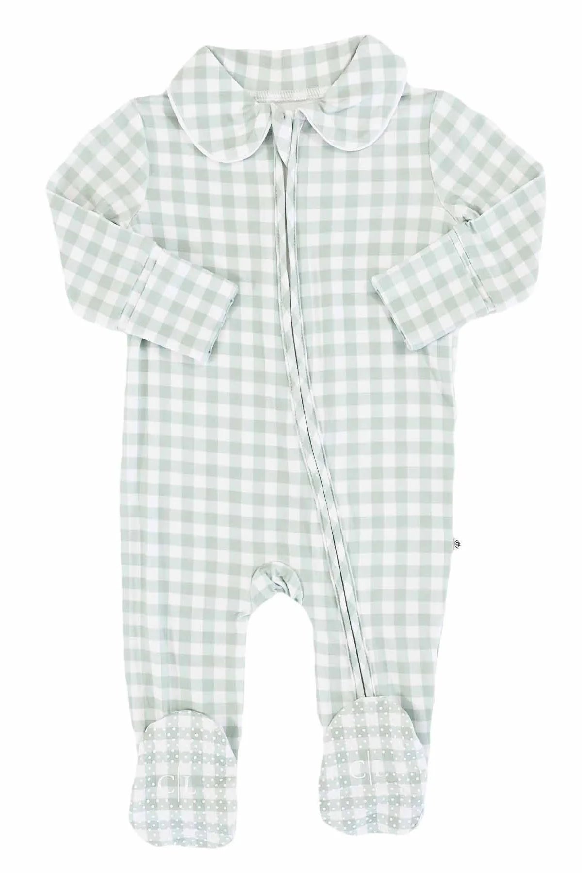Green gingham Peter Pan collar zipper footie for babies by Caden Lane, featuring soft fabric and adorable design.