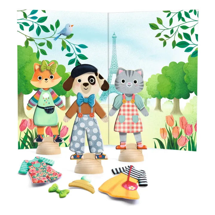Djeco Bonjour Paris Collage Craft Kit with colorful paper pieces and templates for creating Paris-themed art projects.