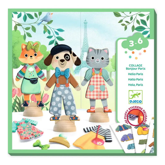 Djeco Bonjour Paris Collage Craft Kit featuring colorful Paris-themed images and materials for creative collage projects.