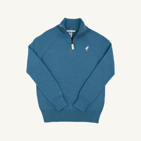 Barnsley Blue Palmetto Pearl Hayden half-zip sweater from The Beaufort Bonnet Company, featuring a blue knit design and half-zip front.