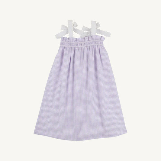 Lauderdale Lavender Gingham Lainey's Little Dress by The Beaufort Bonnet Company, soft lavender and white gingham fabric with ruffle details.