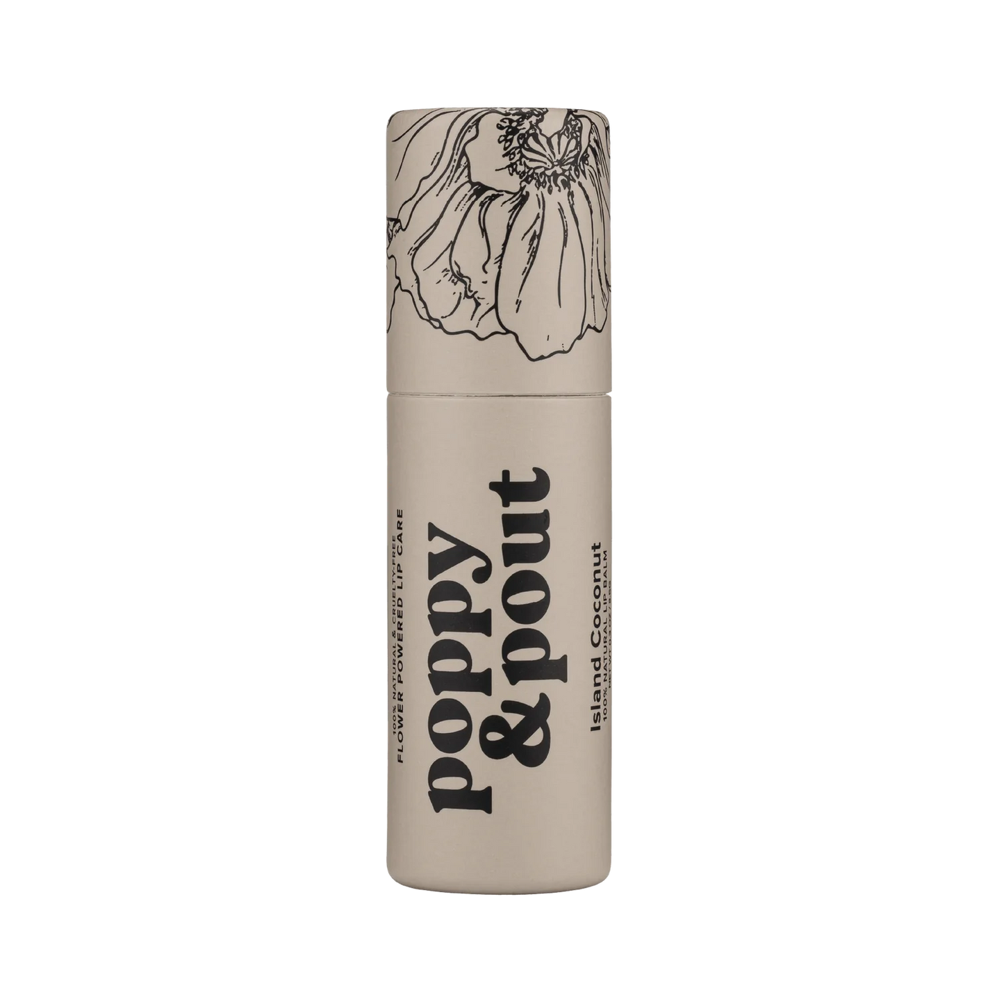 Sweet E's Children's Boutique Poppy & Pout Lip Balm in Island Coconut flavor, showing the round coconut-scented lip balm.