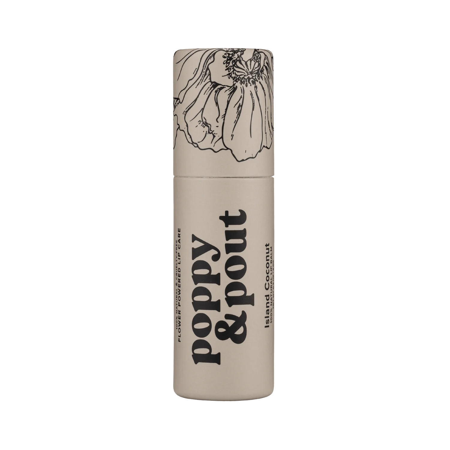 Sweet E's Children's Boutique Poppy & Pout Lip Balm in Island Coconut flavor, showing the round coconut-scented lip balm.