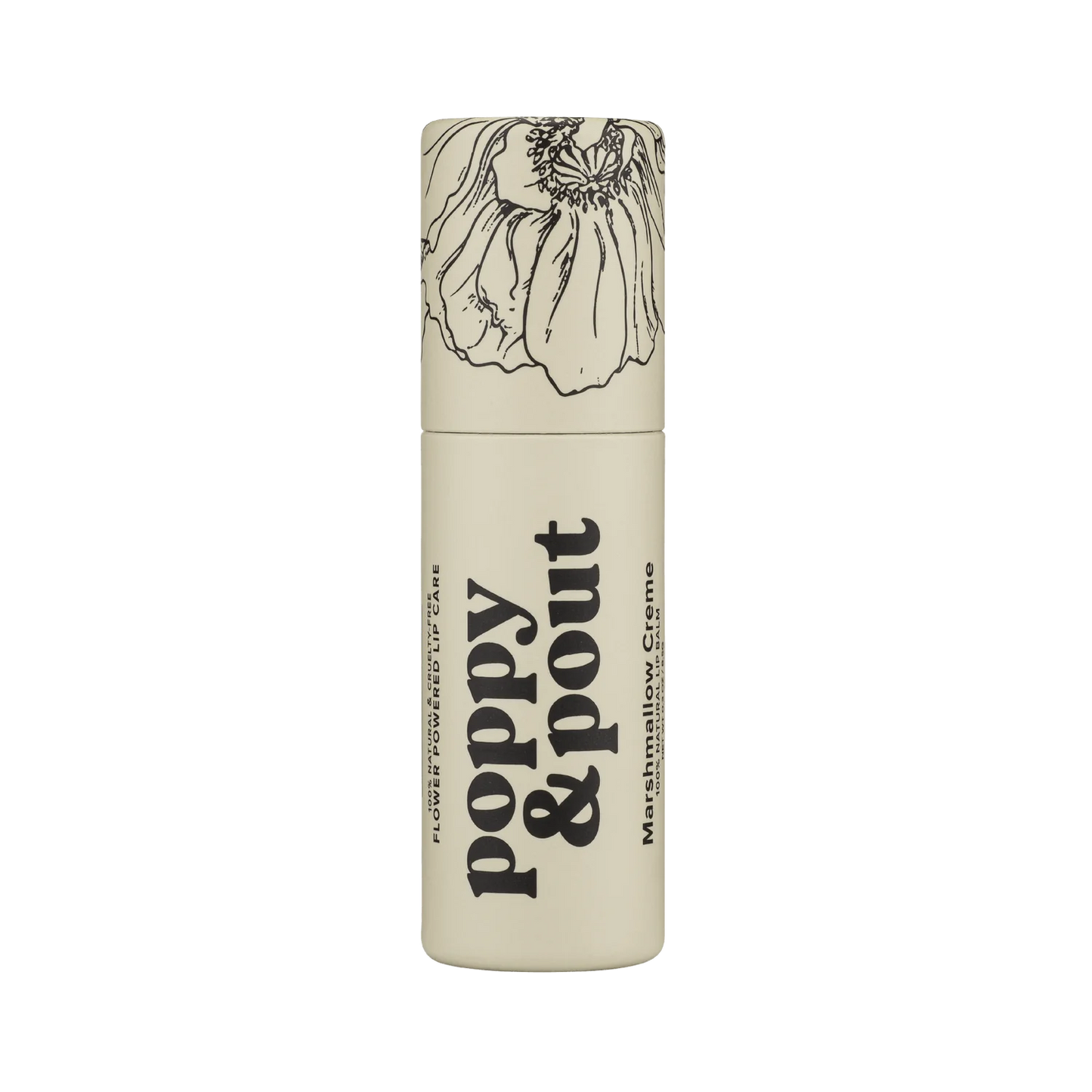 Sweet E's Children's Boutique Poppy & Pout lip balm in marshmallow creme flavor, showing the smooth, rounded balm in a clear container