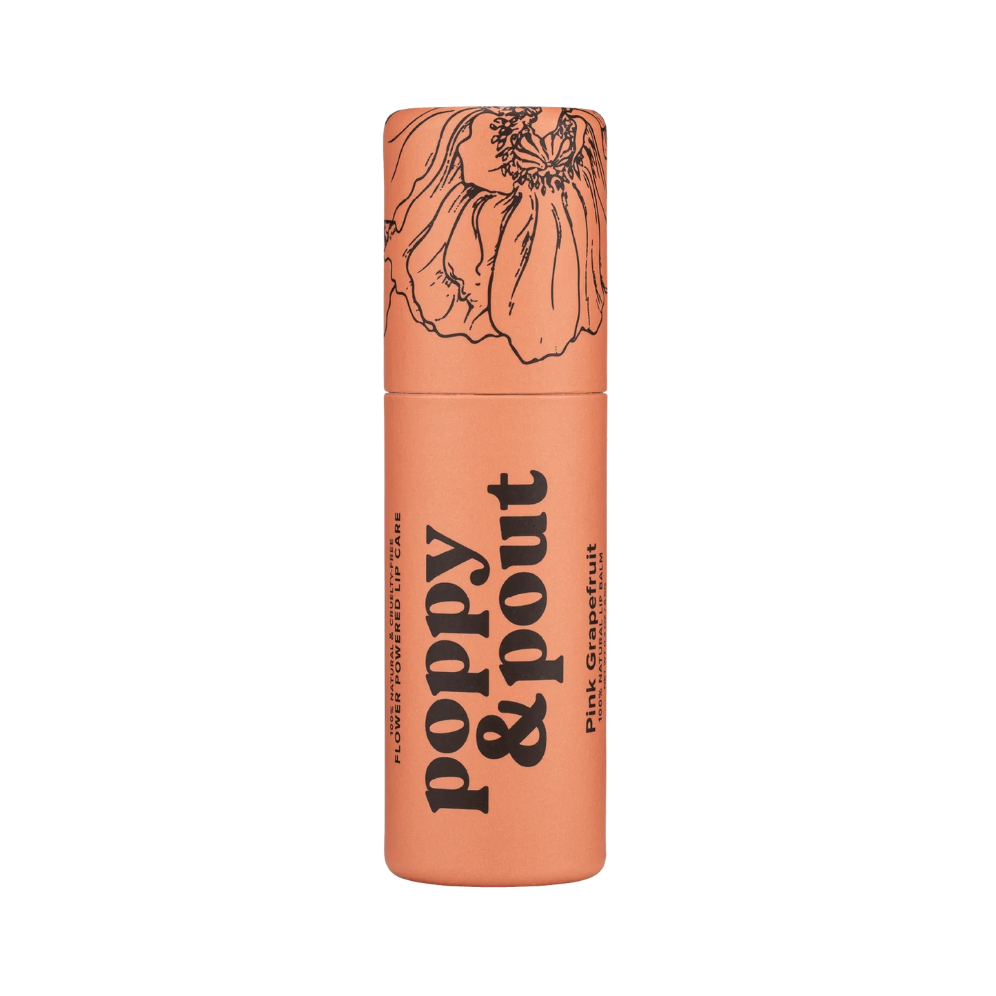 Pink grapefruit lip balm from Poppy & Pout by Sweet E's Children's Boutique, showing the smooth, round container with a pink cap.