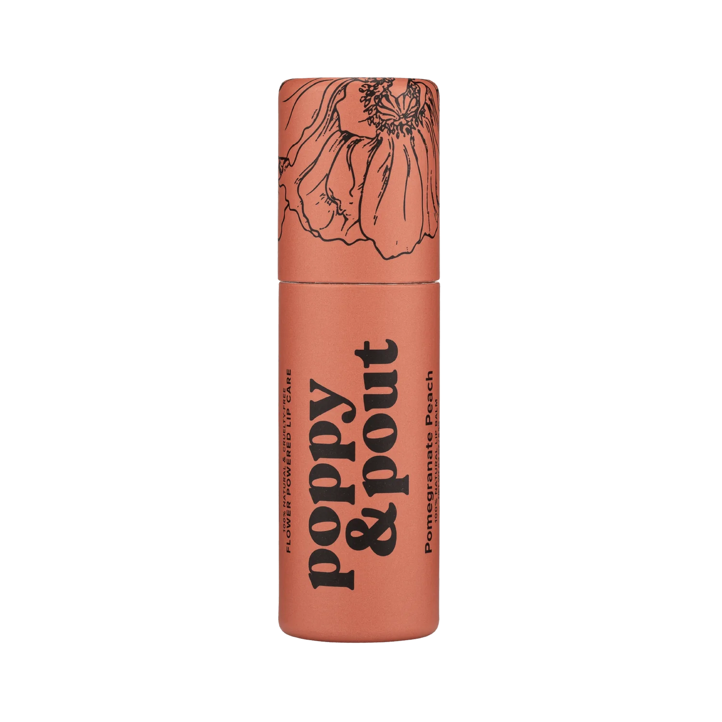 Poppy & Pout lip balm with pomegranate and peach flavor, showing the colorful balm tube and fresh fruit ingredients.