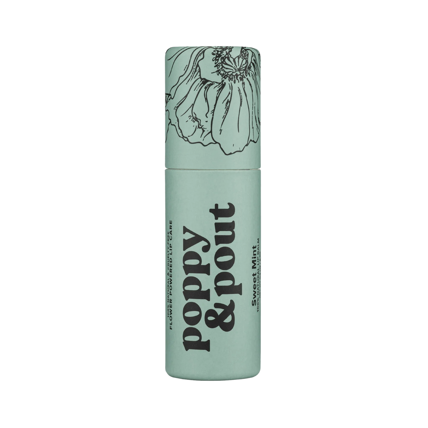 Sweet E's Children's Boutique Poppy & Pout lip balm with sweet mint flavor, shown in a small container with a clear lid.