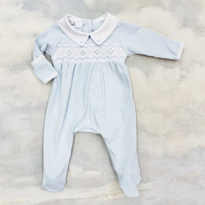 Magnolia Baby - Ethan Light Blue Smocked Collared Footie