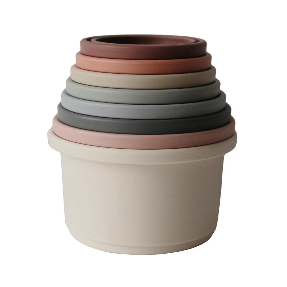 Mushie stacking cups toy with colorful, plastic cups arranged in a stack on a white background, perfect for early childhood play.