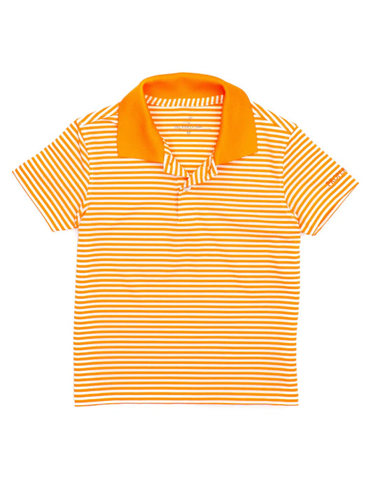 Boy wearing an orange Dallas Polo shirt by Properly Tied, showcasing the classic collar and comfortable fit.
