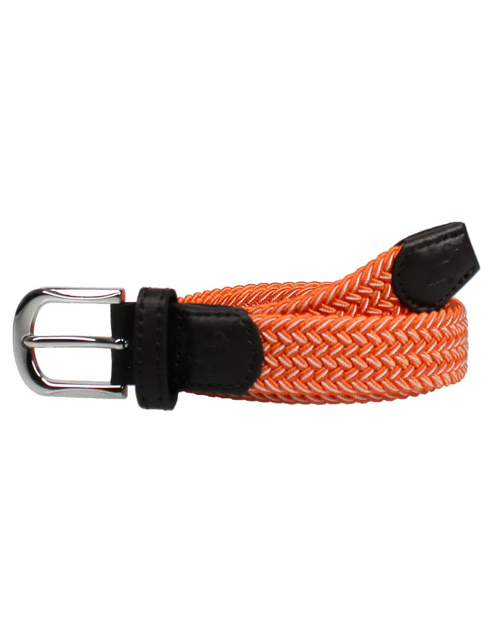 Properly Tied boys' country club stretch belt in orange and white with a classic buckle design, suitable for casual and sporty outfits.