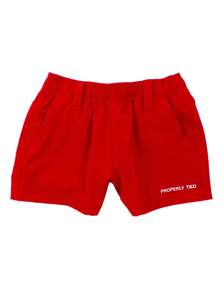 Boys red pintail shorts by Properly Tied with a casual fit and lightweight fabric, perfect for summer wear.