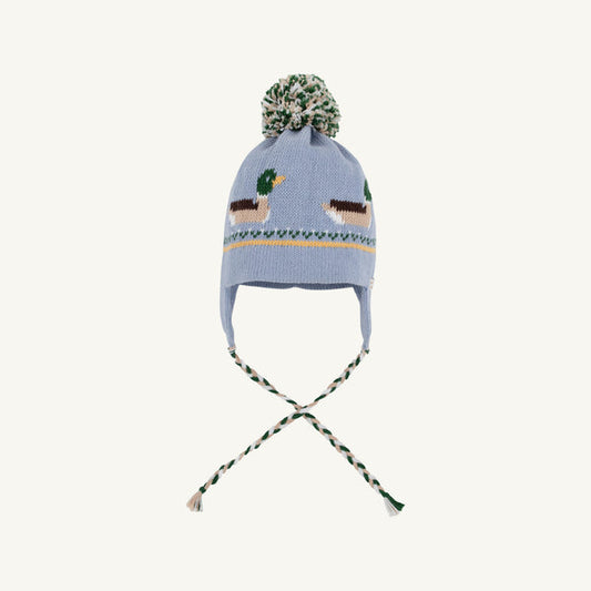 The Beaufort Bonnet Company Sarasota Sky Ducks Parrish Pom Pom Hat featuring a navy blue hat with duck embroidery and a pom pom.