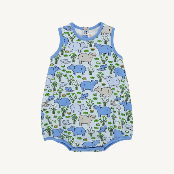 The Beaufort Bonnet Company Bal Harbour Hippo Patton Play Bubble in Bealest Blue and Sunrise Blvd Blue, featuring playful hippo design.