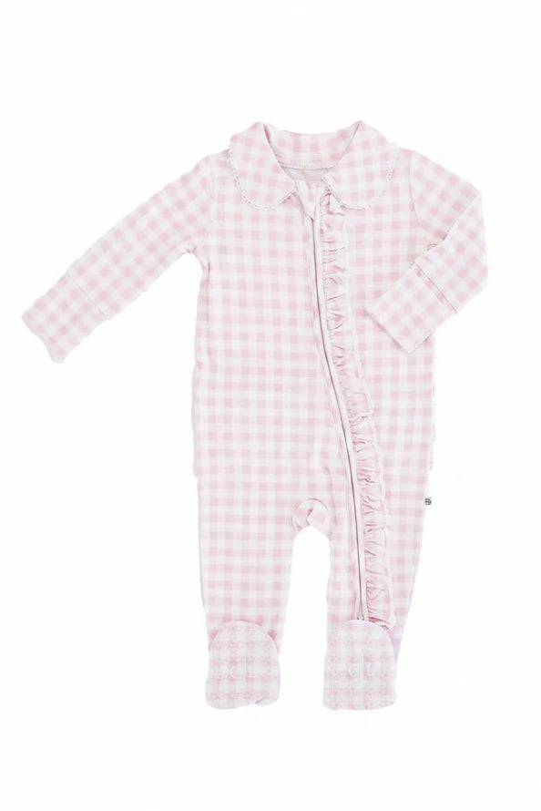 Pink gingham Peter Pan collar ruffle zipper footie for baby girls by Caden Lane, featuring a charming rosy pattern and soft fabric.